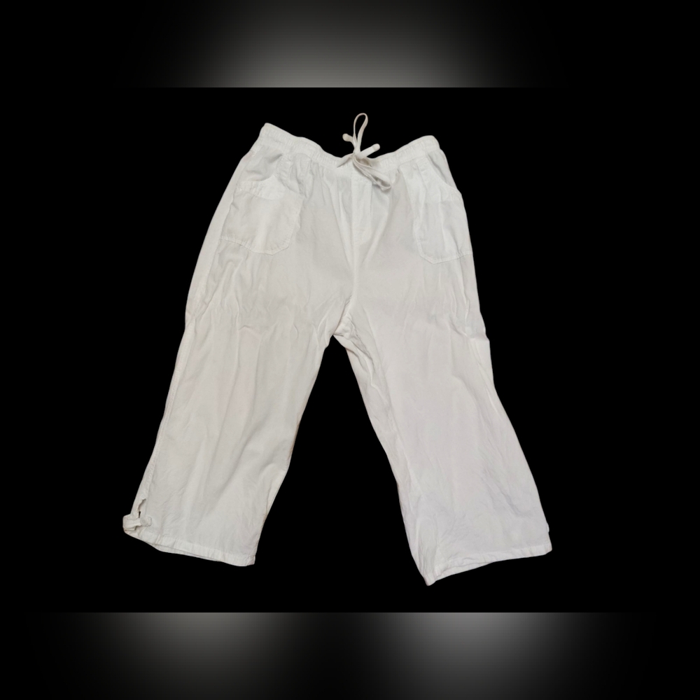 ERIKA Women's White Relaxed Fit Drawstring Waist 100% Cotton Capri Pants, Sz L